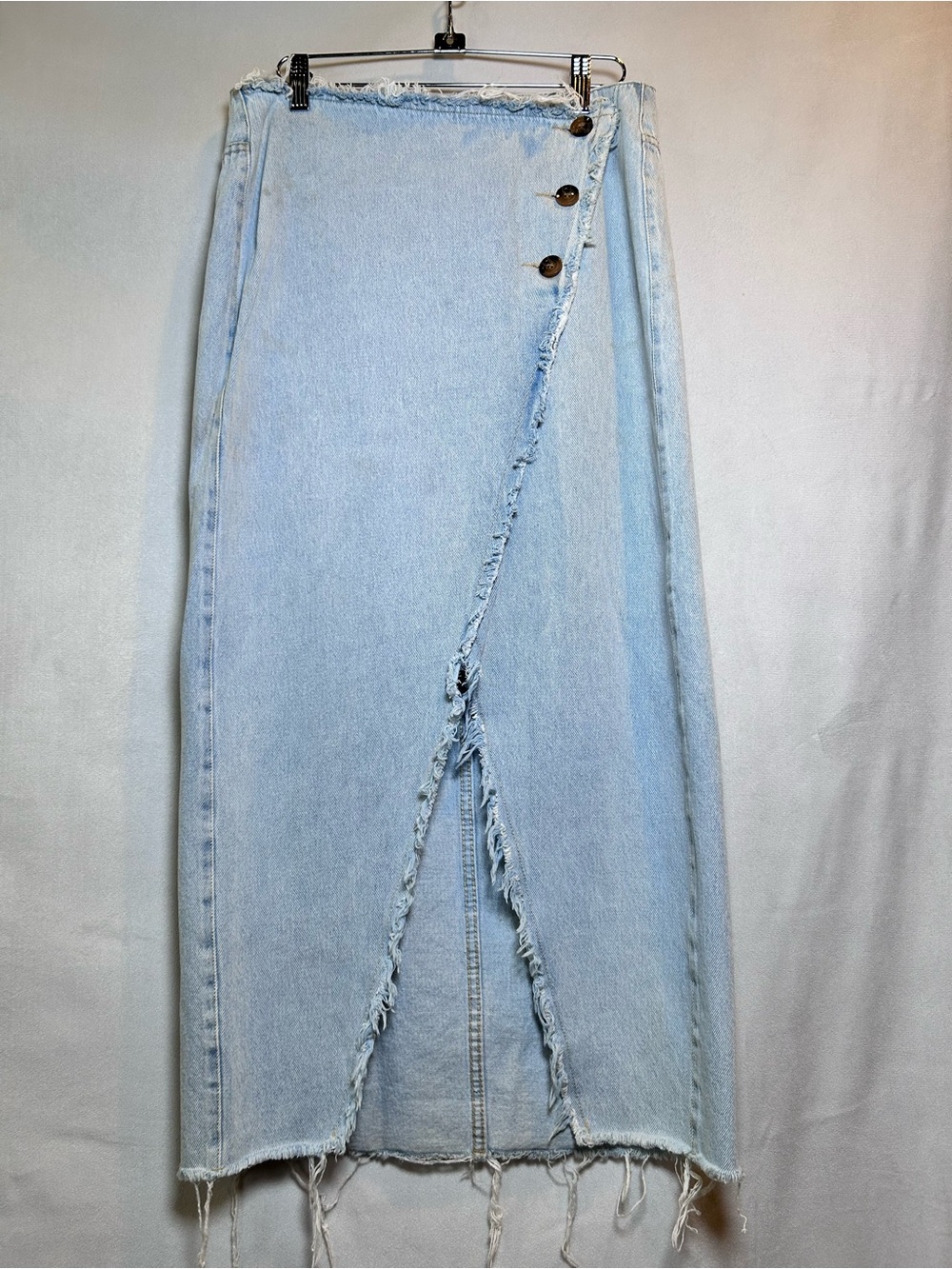 Light Wash Denim Wrap Midi Skirt, Frayed Hem Western Boho Coastal Cowgirl Size M
